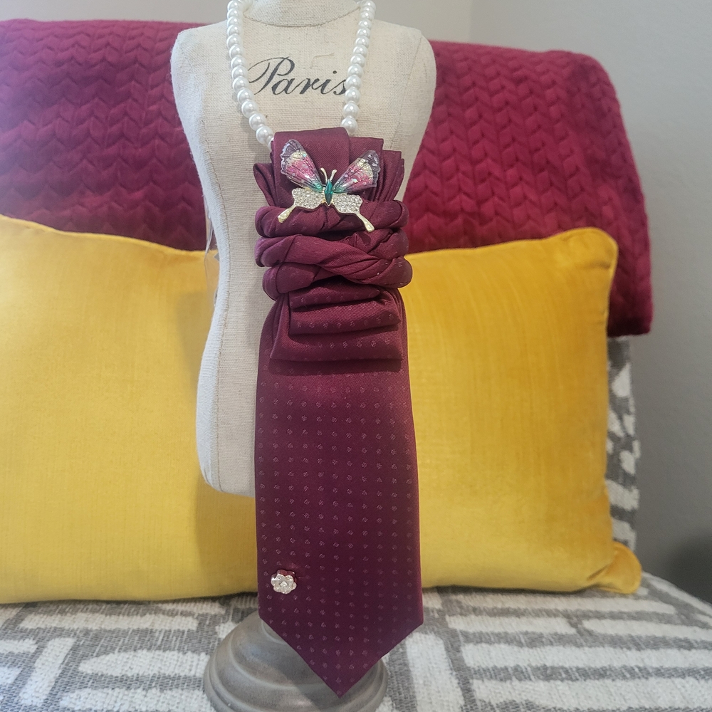 Nu-Ties Designed & Handmade By FLHood~Burgundy Tie with Butterfly Brooch